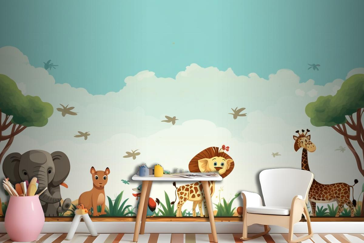 A Cartoon Of Giraffes And Giraffes In A Field With Animals Wallpaper Mural