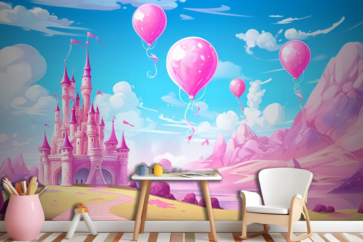 A Castle With Balloons And A Castle In The Background Wallpaper Mural