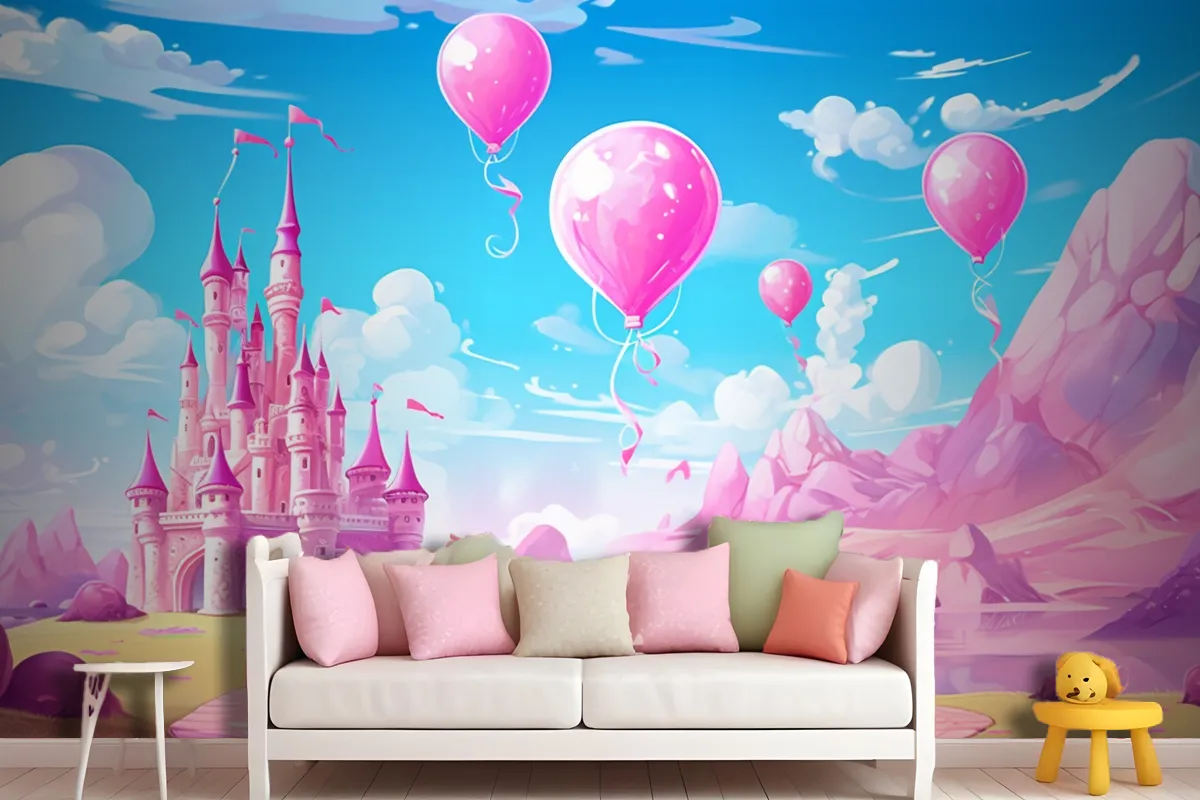 A Castle With Balloons And A Castle In The Background Wallpaper Mural