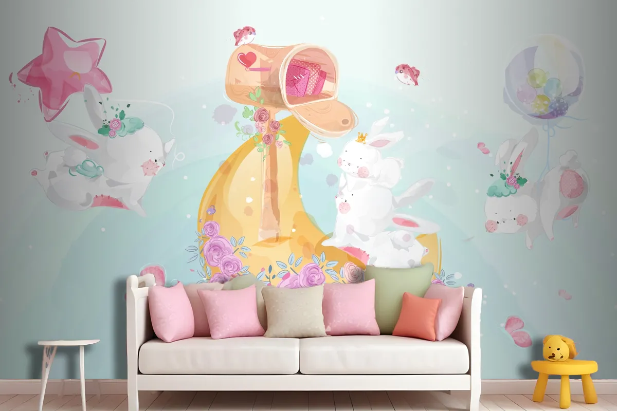 A Cute Little Rabbit In Colorful Watercolor Style Wallpaper Mural