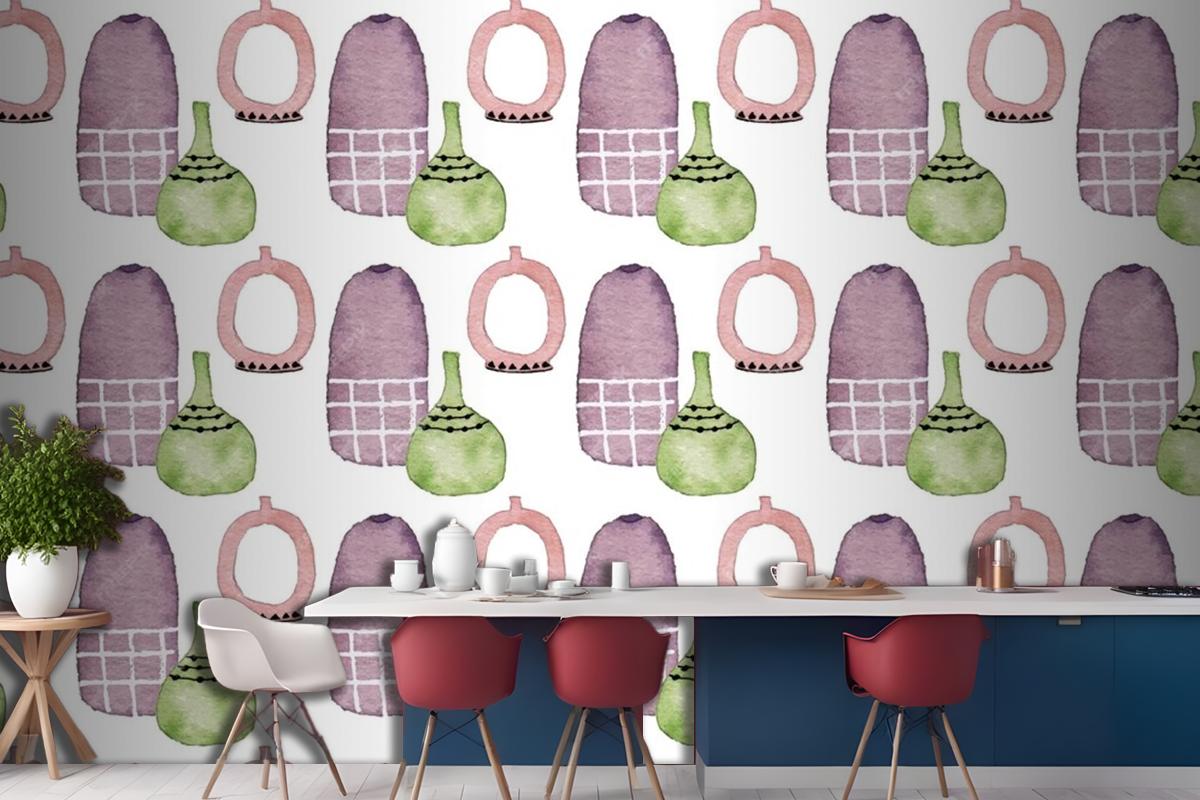 A Cute Modern Ceramic Flower Vase Watercolor Seamless Pattern Wallpaper Mural