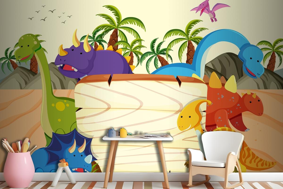 A Dinosaur Wooden Board Template Wallpaper Mural