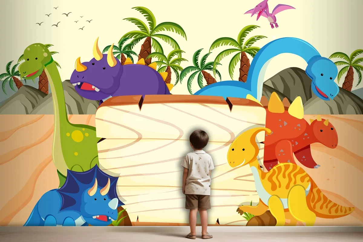 A Dinosaur Wooden Board Template Wallpaper Mural