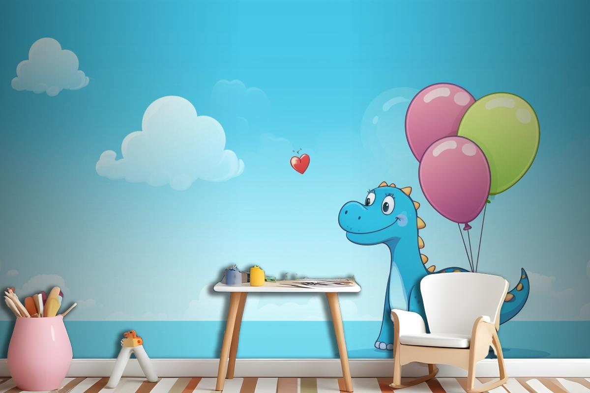 A Dragon With Balloons In The Sky And A Heart In The Wallpaper Mural