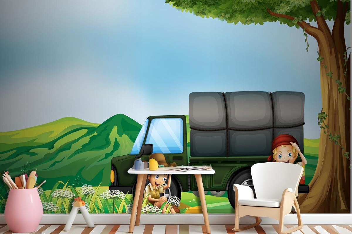 A Girl And A Boy Beside The Green Truck Wallpaper Mural