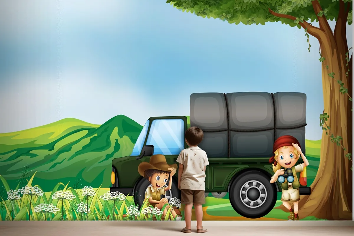 A Girl And A Boy Beside The Green Truck Wallpaper Mural