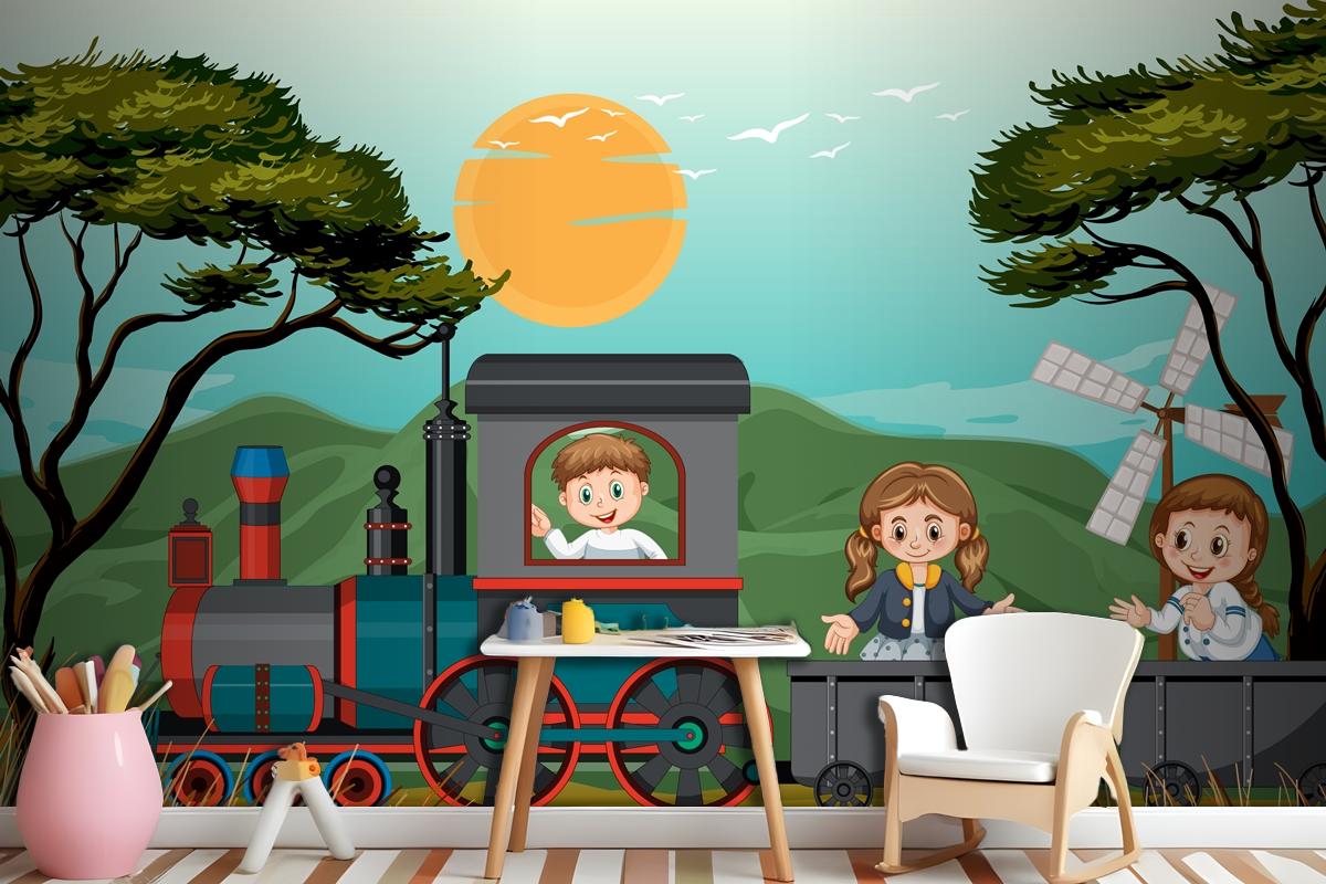 A Kids In A Train With Natural Scene Kids Wallpaper Mural