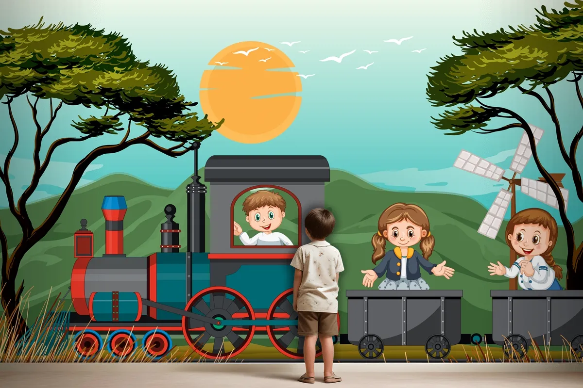 A Kids In A Train With Natural Scene Kids Wallpaper Mural