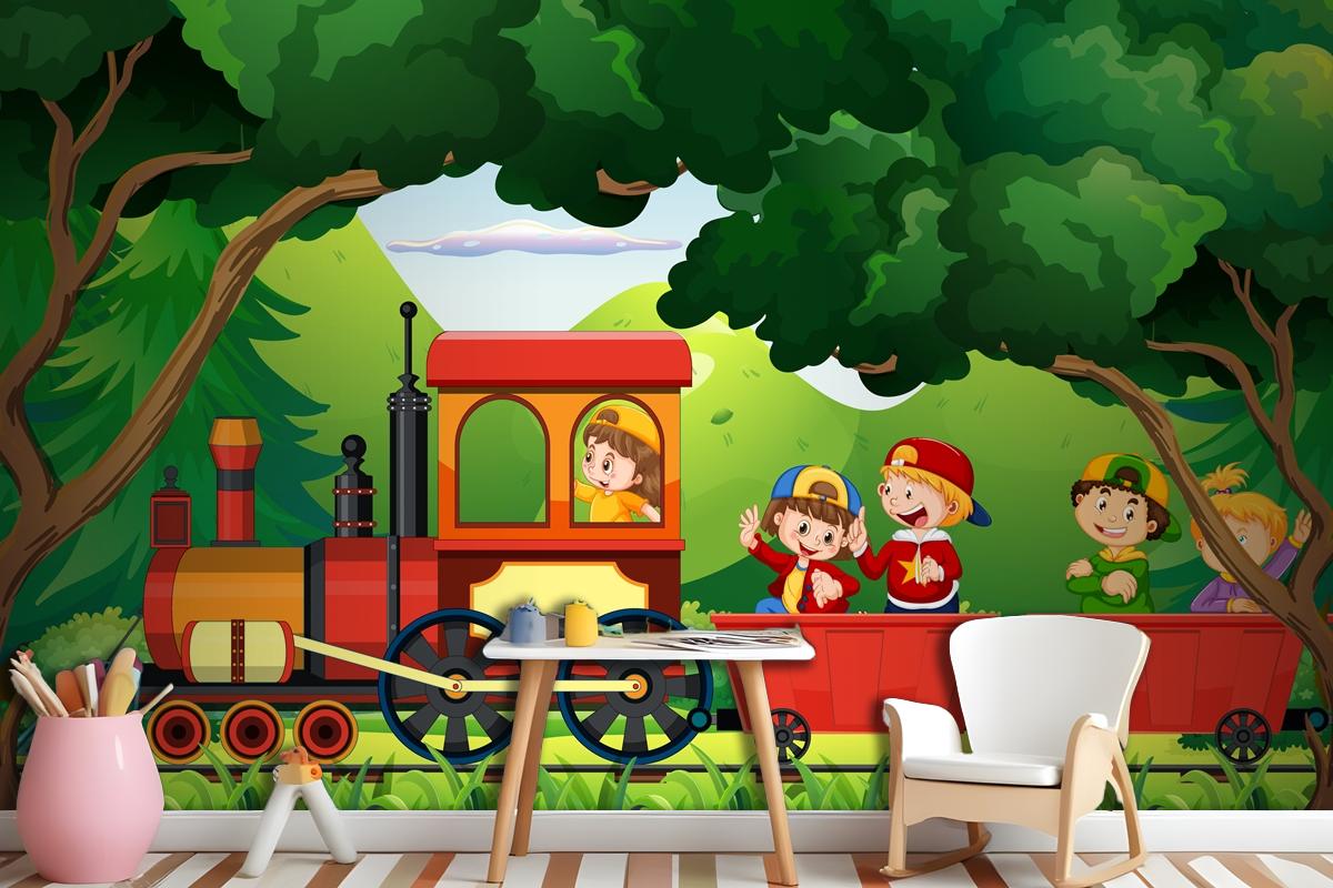 A Kids In A Train With Natural Scene Wallpaper Mural