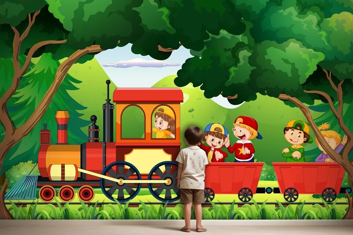 A Kids In A Train With Natural Scene Wallpaper Mural