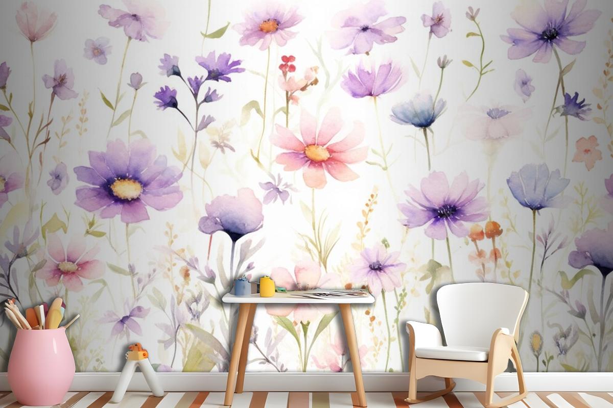 A Painting Of A Bunch Of Flowers On A White Background Wallpaper Mural