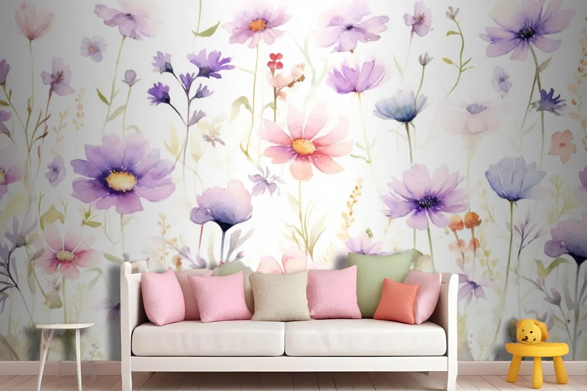 A Painting Of A Bunch Of Flowers On A White Background Wallpaper Mural