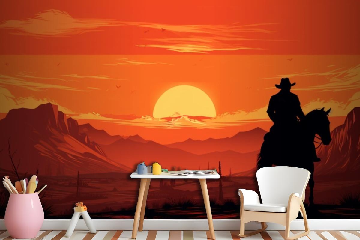 A Painting Of A Cowboy Riding A Horse In Front Of A Sunset Wallpaper Mural