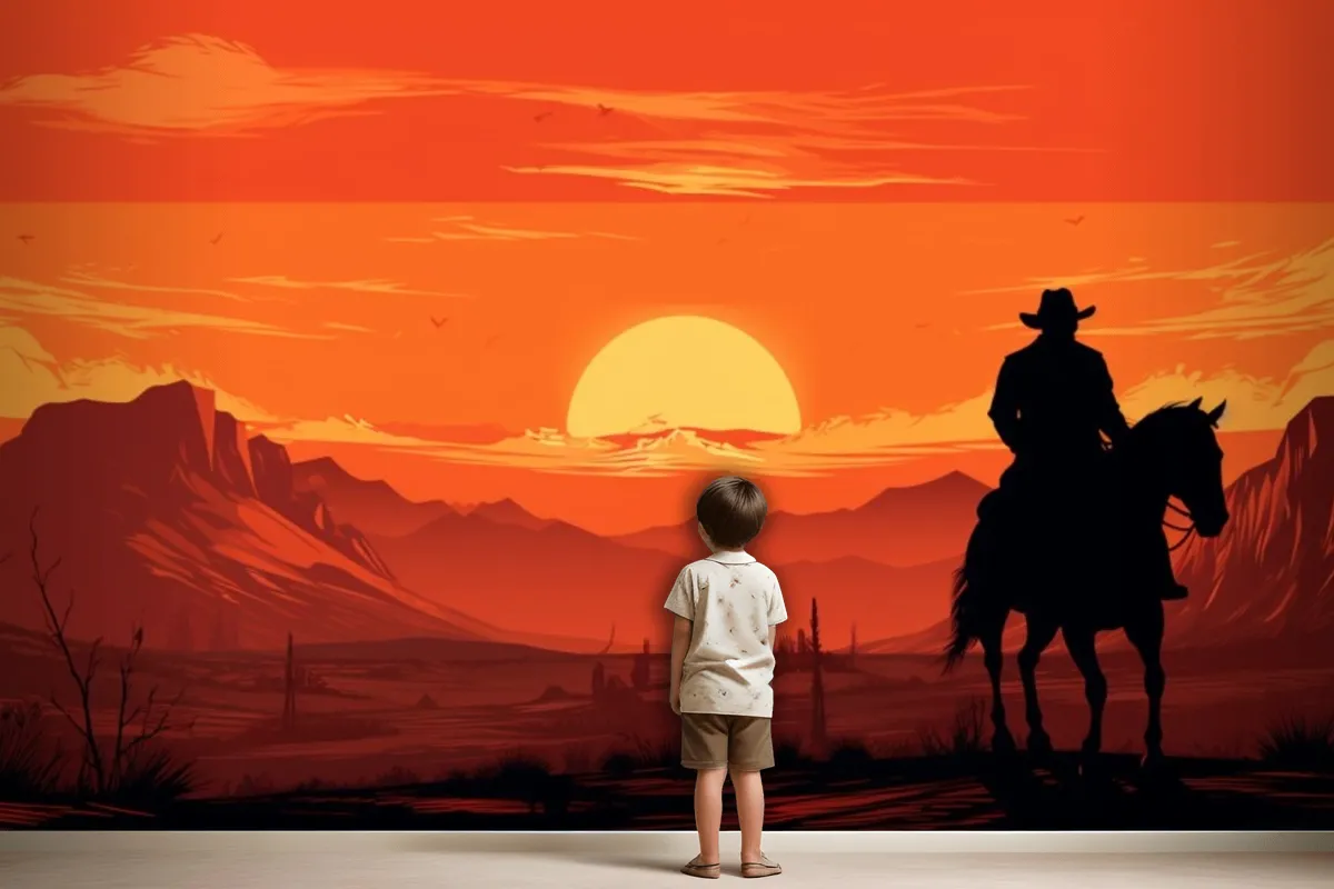 A Painting Of A Cowboy Riding A Horse In Front Of A Sunset Wallpaper Mural