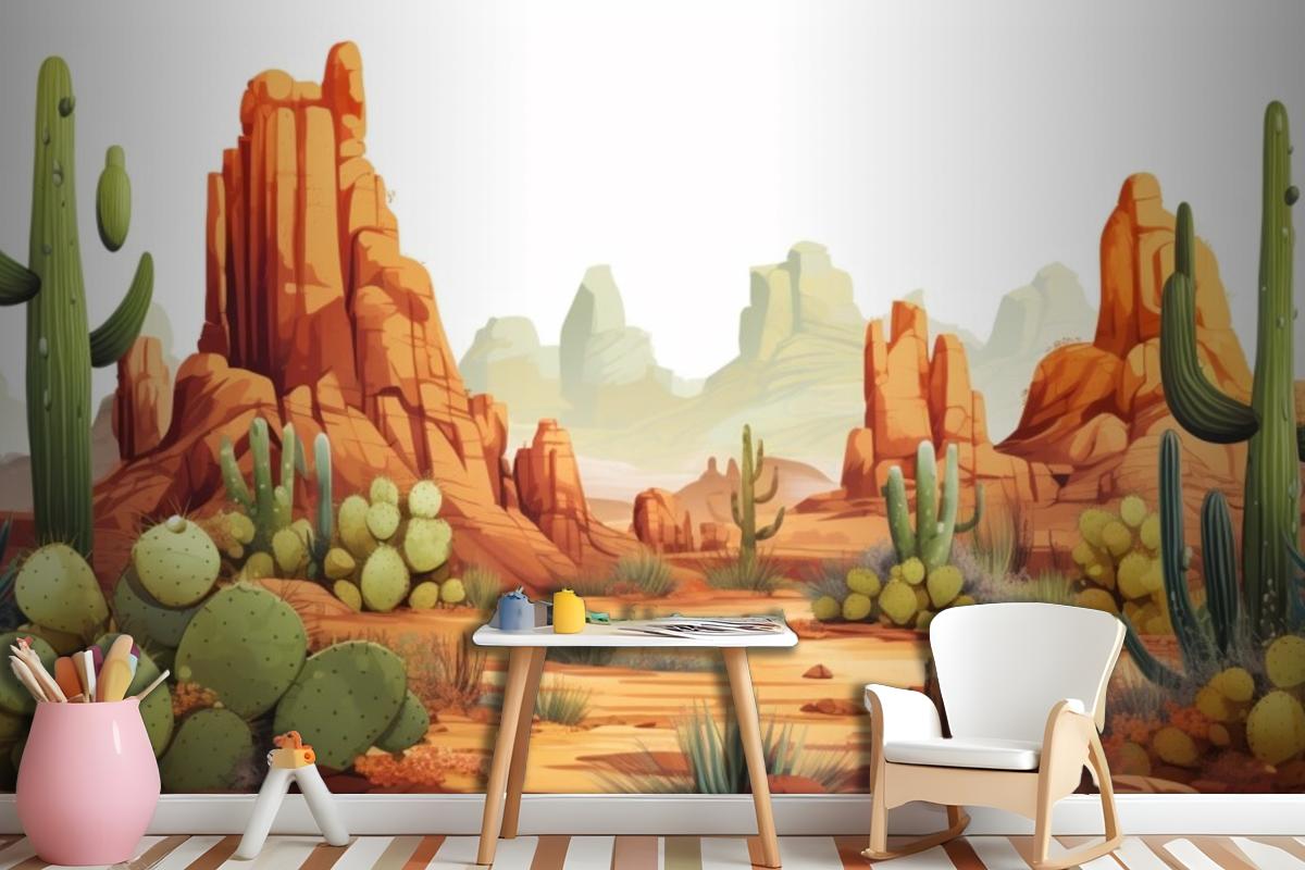 A Painting Of A Desert Landscape With Cactus And Desert Landscape Wallpaper Mural