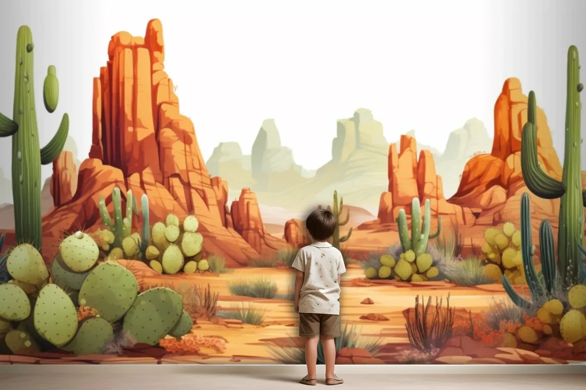 A Painting Of A Desert Landscape With Cactus And Desert Landscape Wallpaper Mural