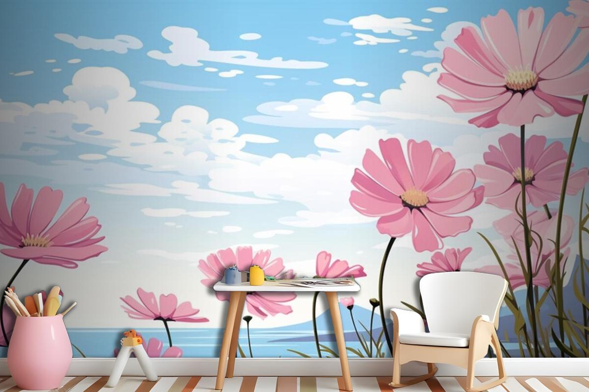 A Painting Of Pink Flowers In The Sky With The Words Daisies Wallpaper Mural