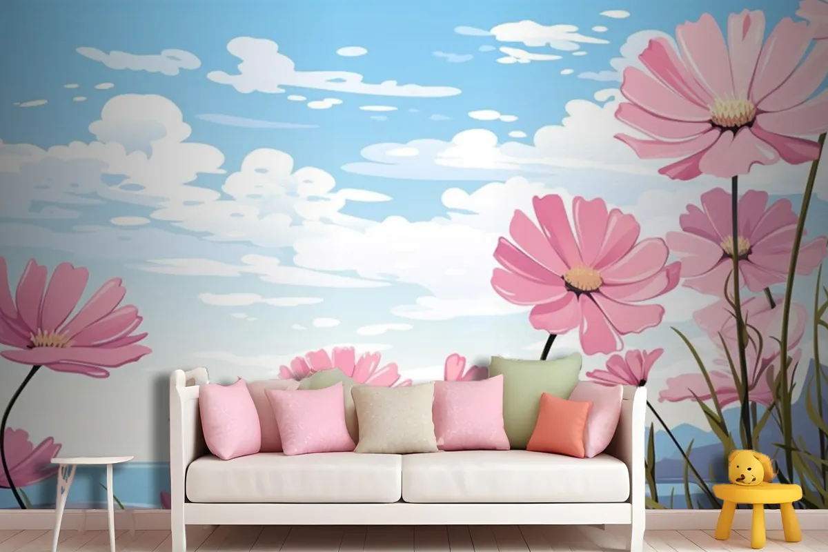 A Painting Of Pink Flowers In The Sky With The Words Daisies Wallpaper Mural