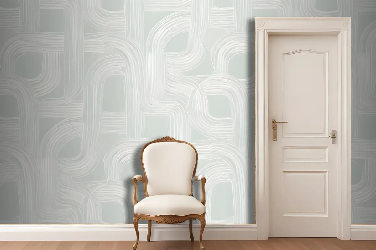 A Seamless Geometric Pattern With Interlocking Curved Shapes In Shades Of White And Light Green Wallpaper Mural