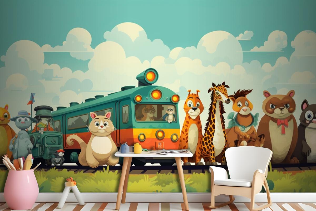 A Train With Animals On The Top And A Train With The Words Giraffes On The Front Wallpaper Mural