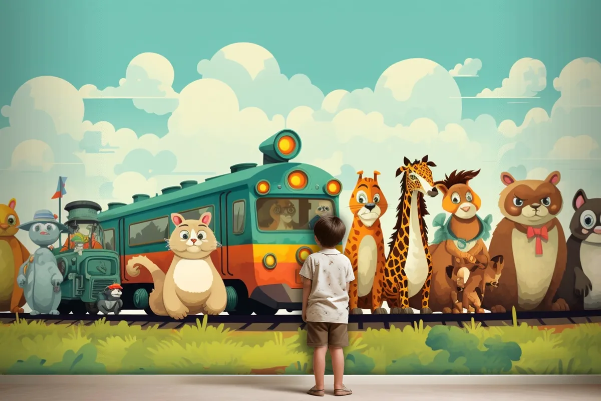 A Train With Animals On The Top And A Train With The Words Giraffes On The Front Wallpaper Mural