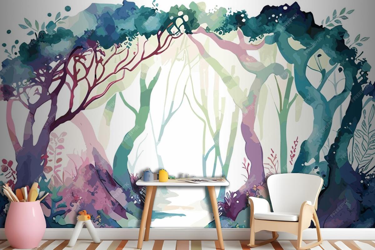 A Watercolor Painting Of A Forest With A Path Leading To It Wallpaper Mural