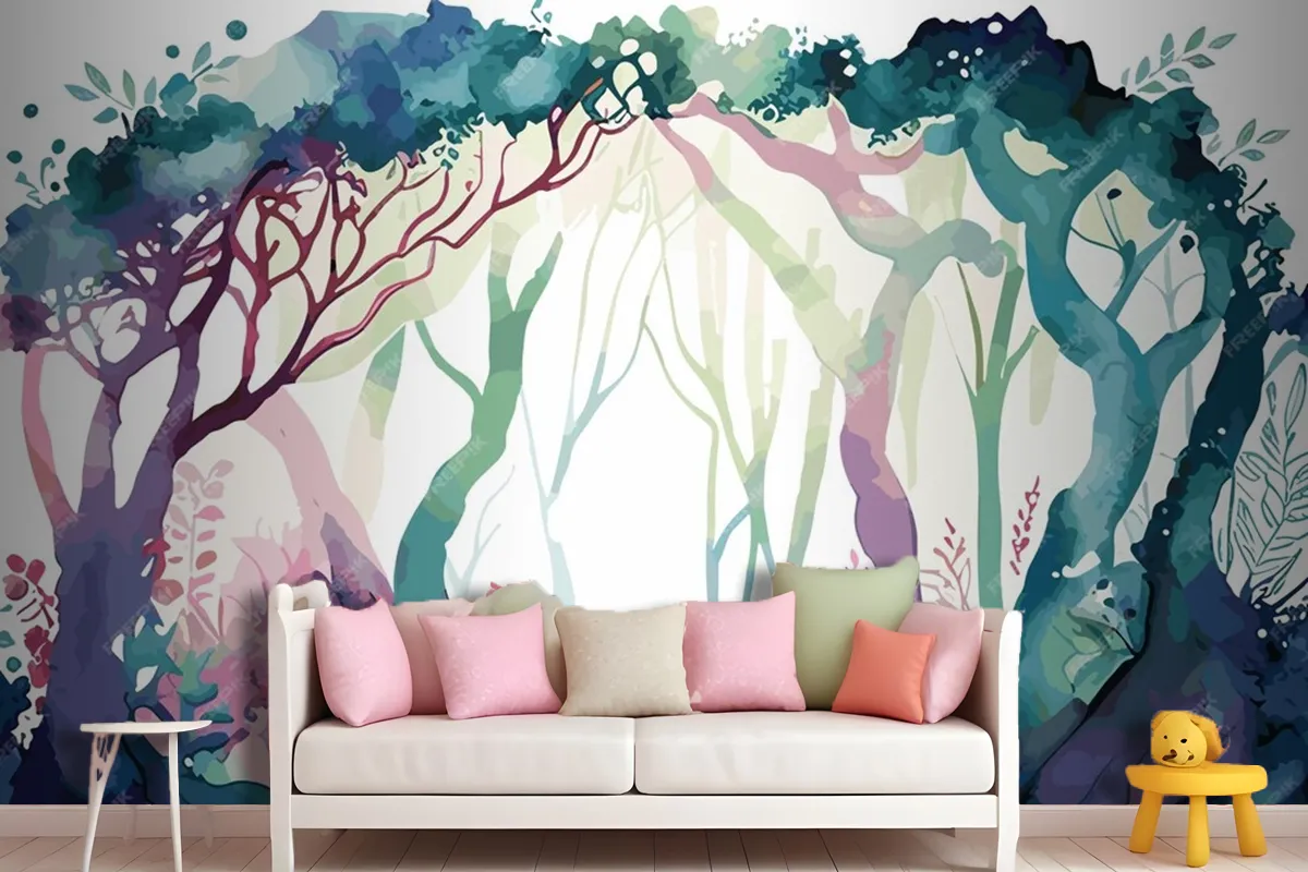 A Watercolor Painting Of A Forest With A Path Leading To It Wallpaper Mural