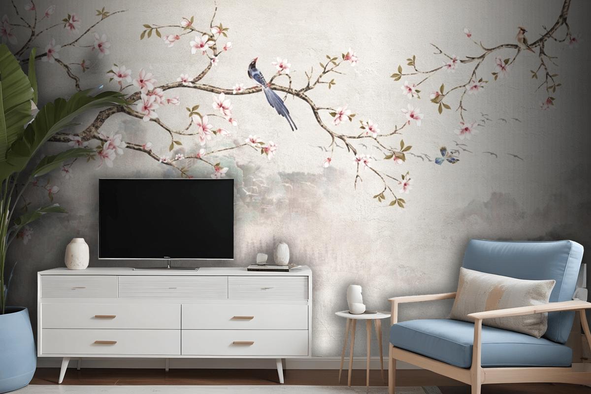 Chinoiserie With Cherry Blossom Flowers And Bird Wallpaper Mural