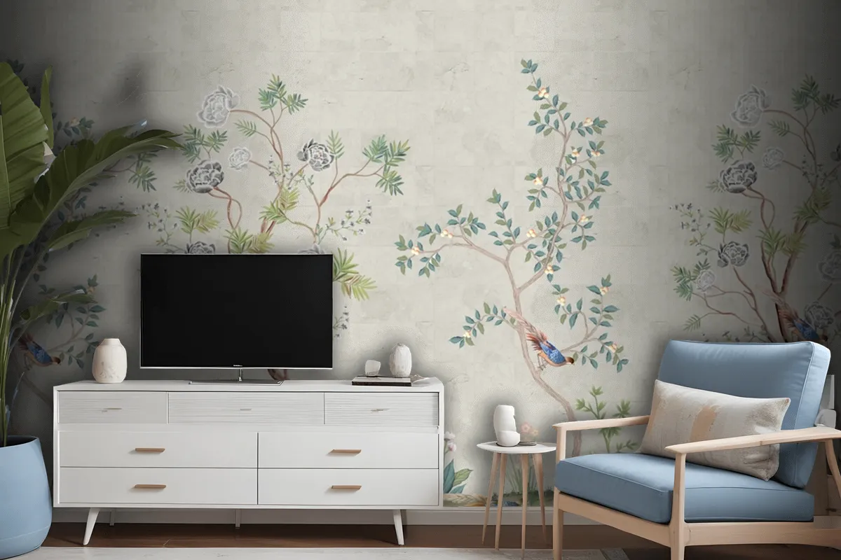 Spring Seamless Background Tree And Bird Chinoiserie Beautiful Wallpaper Mural