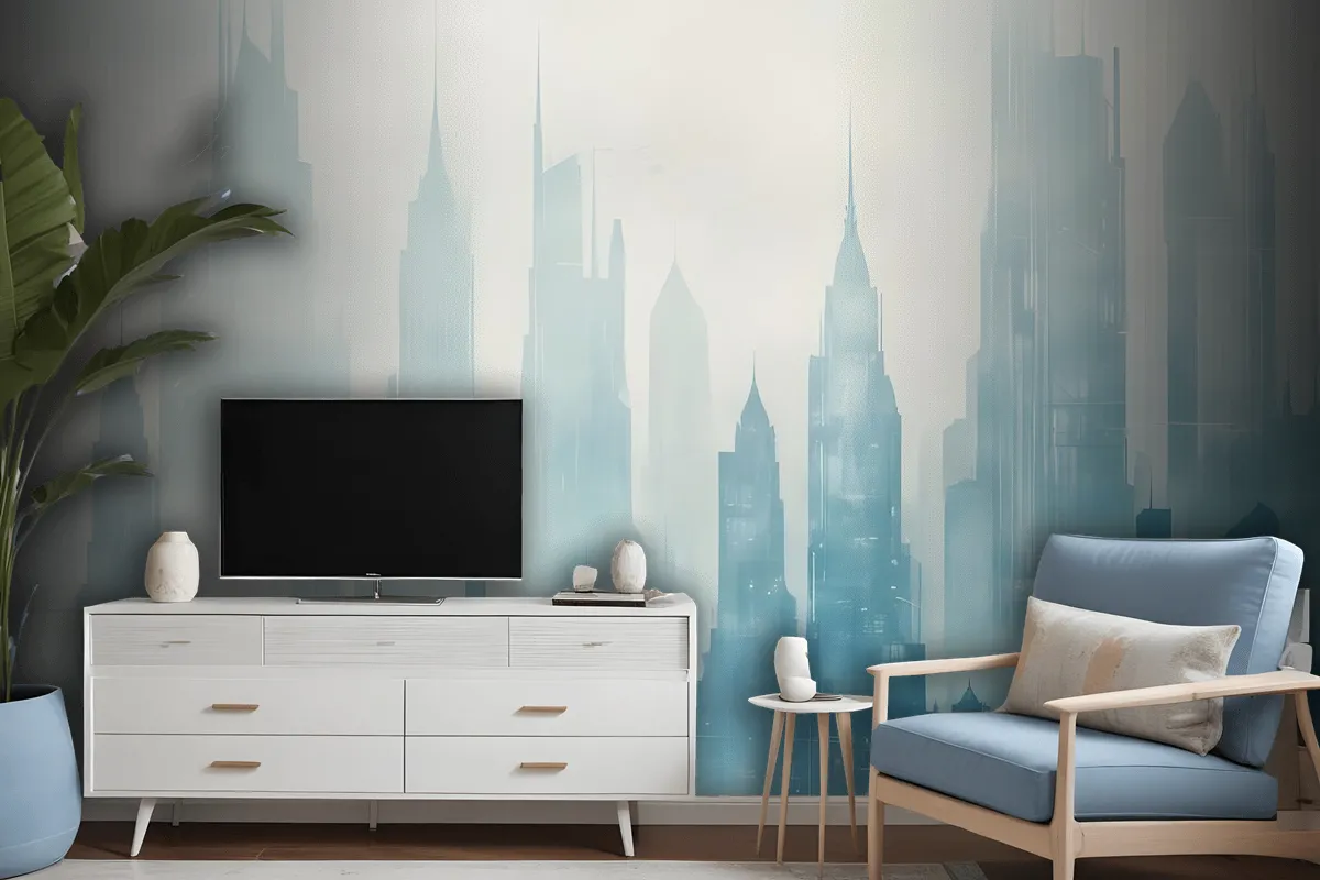 Abstract Blue Monochrome City Landscape Wallpaper Mural