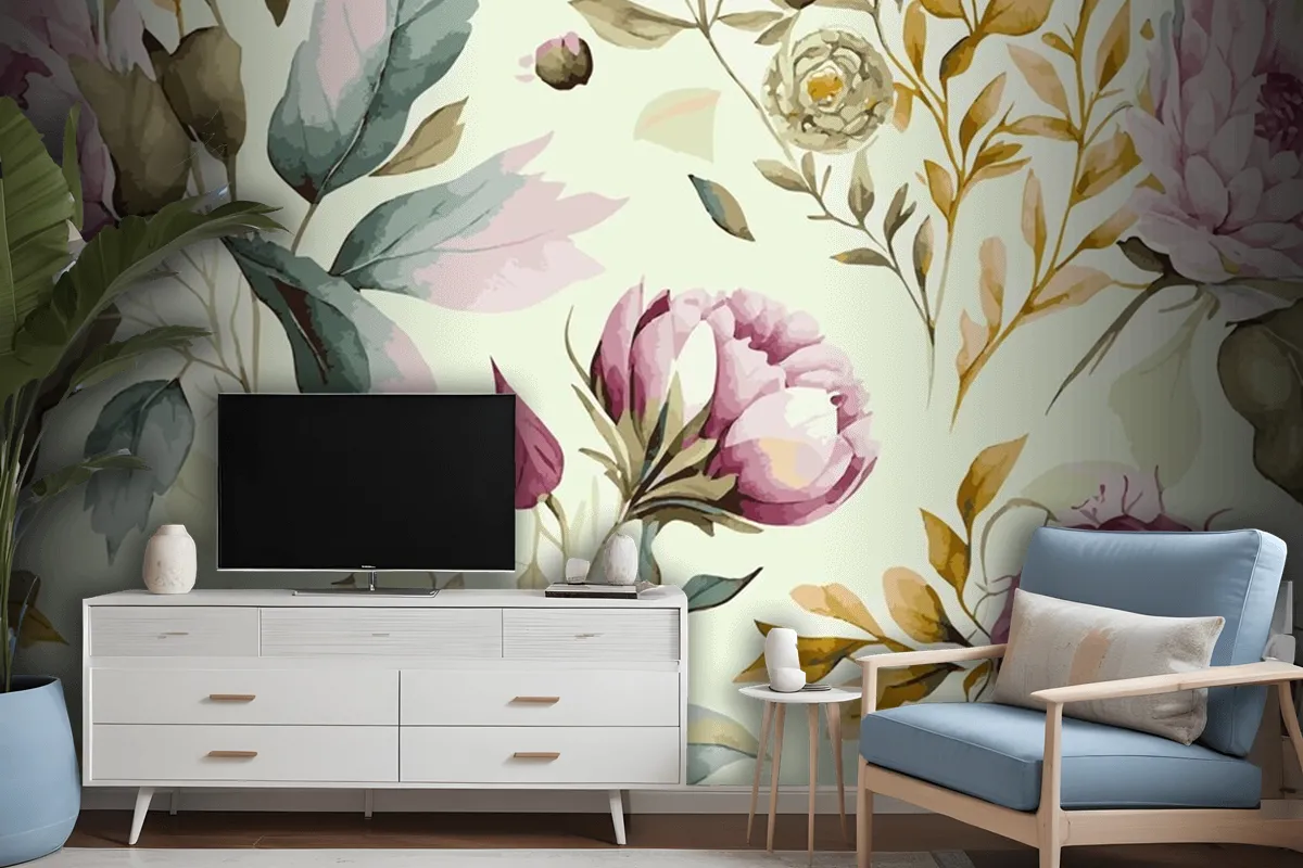 Abstract Floral Art Background Template Botanical Watercolor Wallpaper Mural