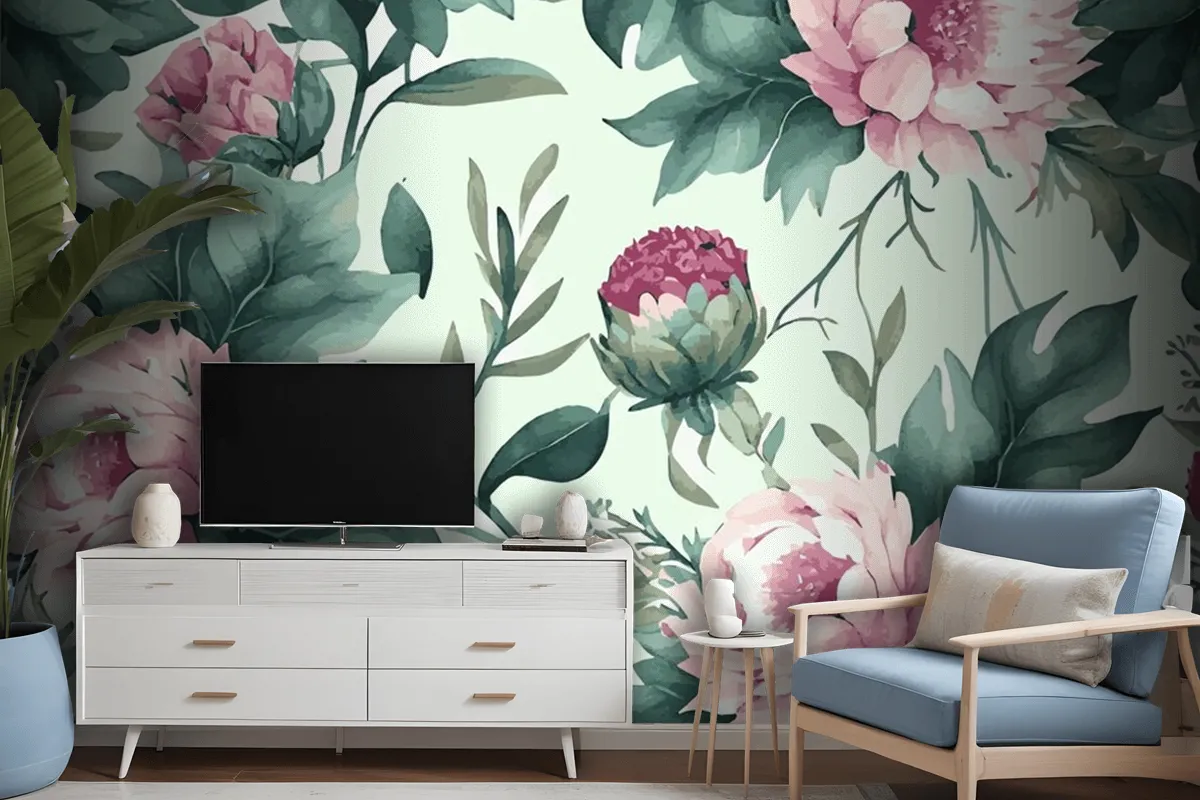 Abstract Floral Art  Botanical Watercolor Hand Drawn Flowers Wallpaper Mural