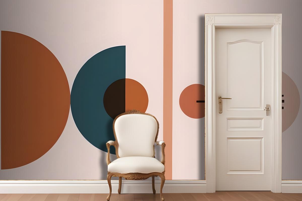 Abstract Geometric Shapes In Various Shades Of Blue Orange And Brown Against A Light Pink Wallpaper Mural