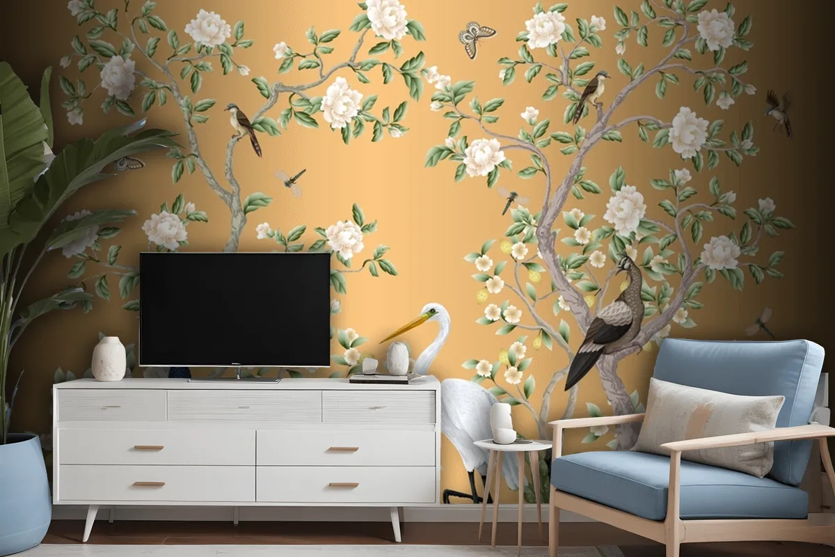 Chinoiserie Mural With Peacocks And Flowers Trees Wallpaper Mural