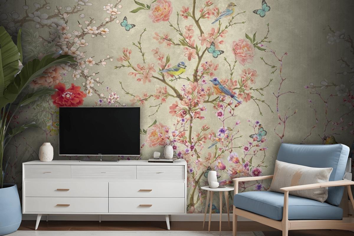 Whimsical Birds Blooms A Dance of Nature's Delicacy Wallpaper mural