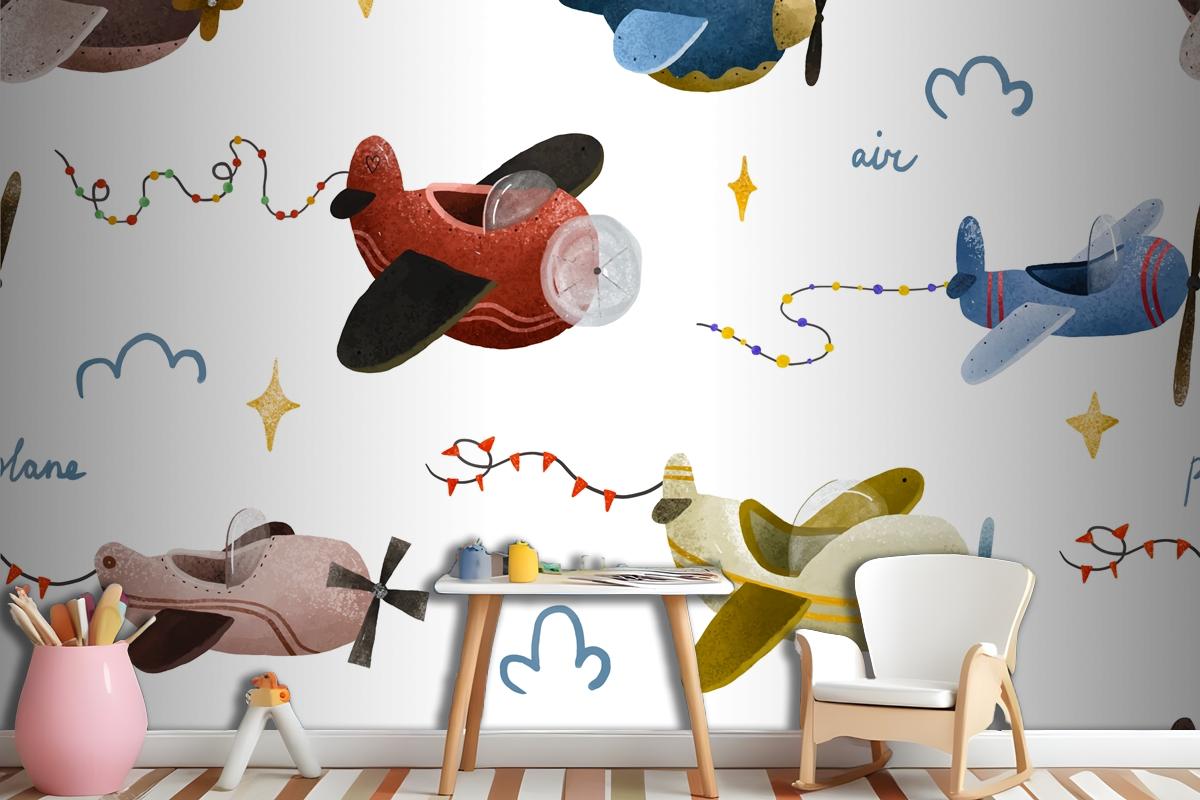 Aircraft And Clouds In Scandinavian Style Boy Wallpaper Mural