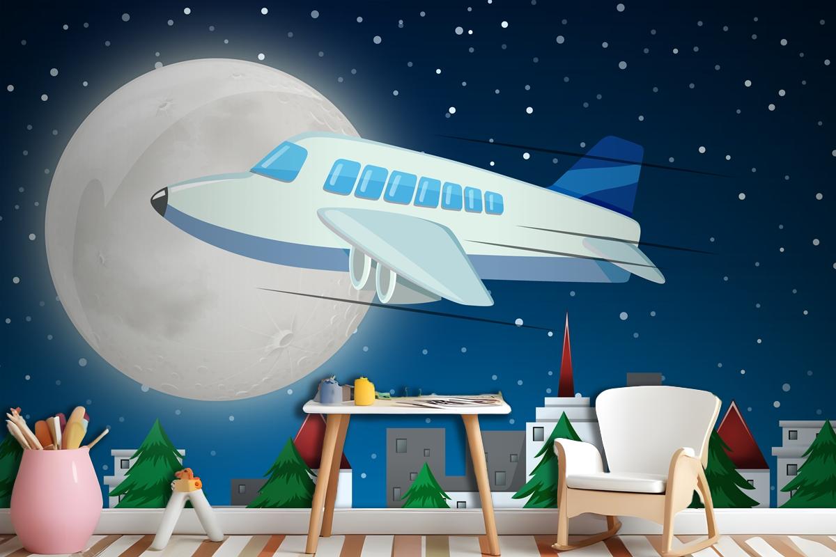 Airplane Flying Over Sky At Night Wallpaper Mural