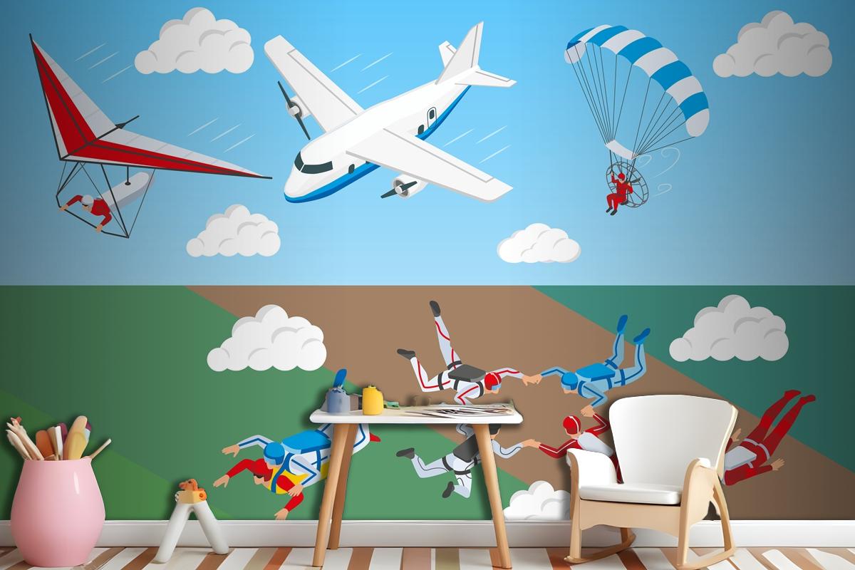 Airplane Hang Glider And Group Of People Skydiving In Sky Wallpaper Mural