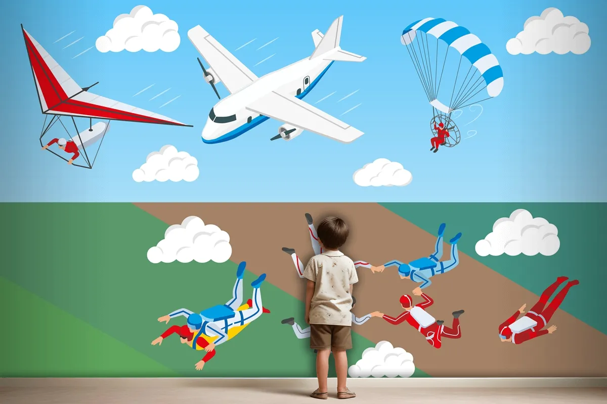 Airplane Hang Glider And Group Of People Skydiving In Sky Wallpaper Mural