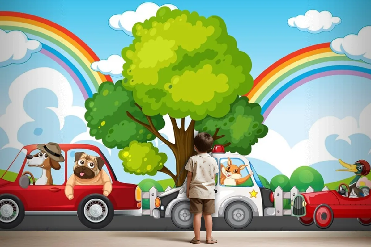 Animals Driving Different Cars Wallpaper Mural