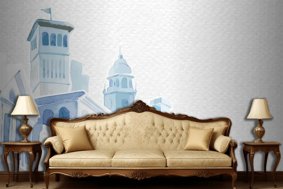 Architectural Mediterranean Buildings In Watercolor On White Paper Textured Living Room Wallpaper Mural