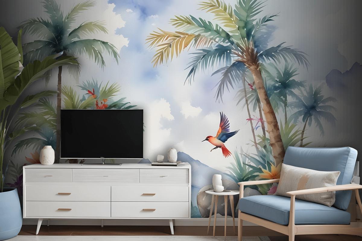 Art Painting Colorful Landscape With Birds Wallpaper Mural