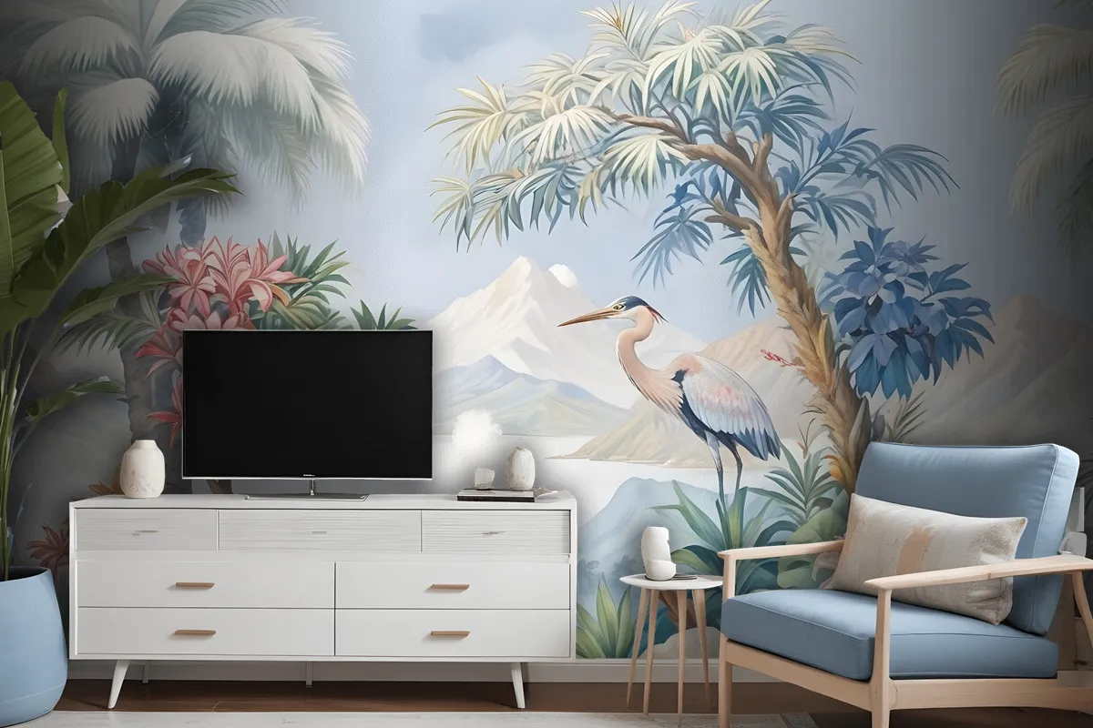 Art Painting Colorful Landscape With Heron Birds Wallpaper Mural