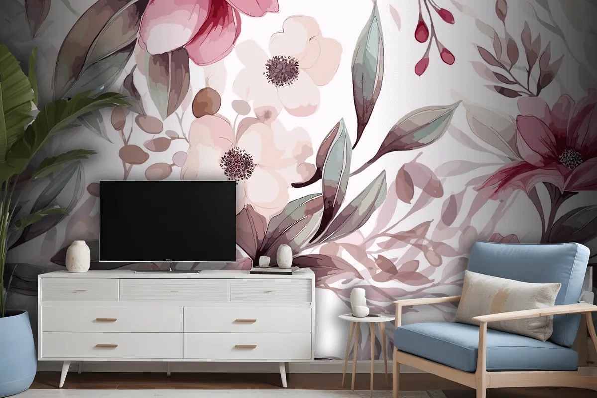 Artistic Hand Drawn Floral Ornament Pattern Wallpaper Mural