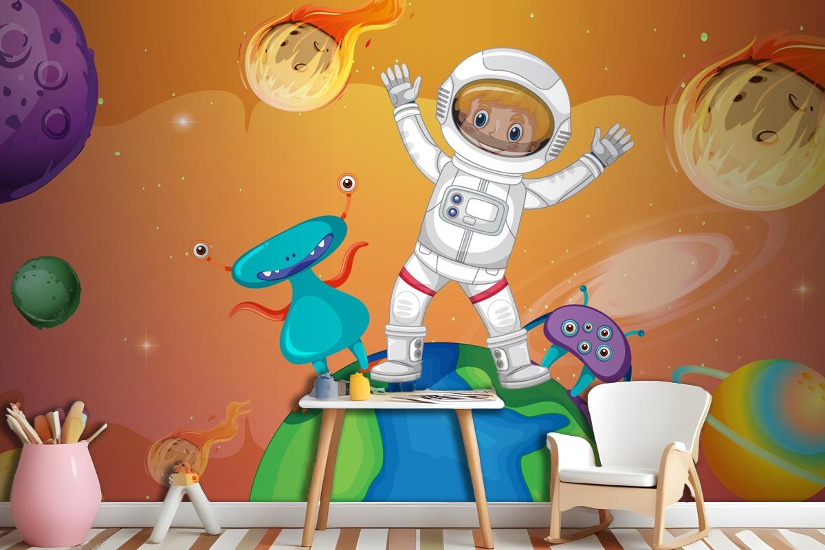 Astronaut Kid With Aliens Standing On The Earth In Space Scene Wallpaper Mural