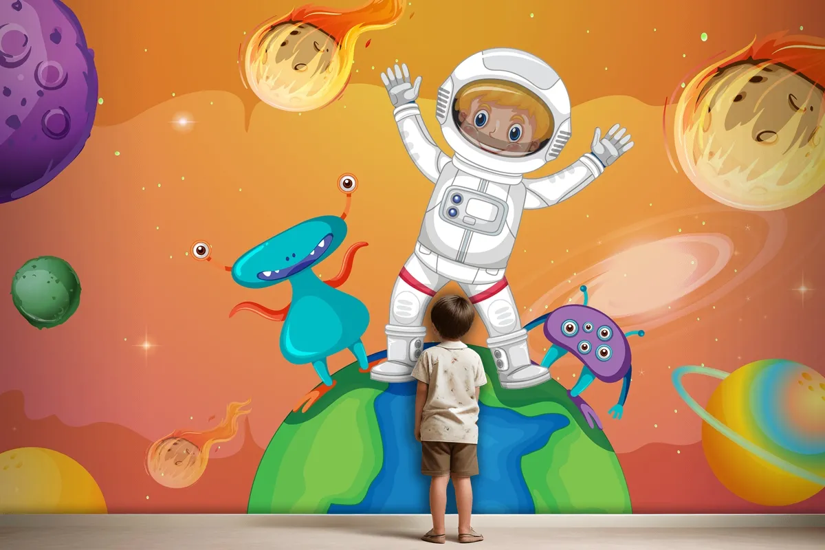 Astronaut Kid With Aliens Standing On The Earth In Space Scene Wallpaper Mural