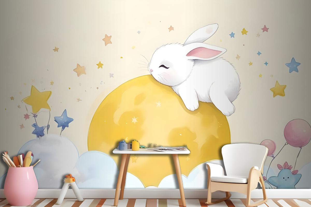 Baby Cartoon Rabbit And Yellow Moon Wallpaper Mural