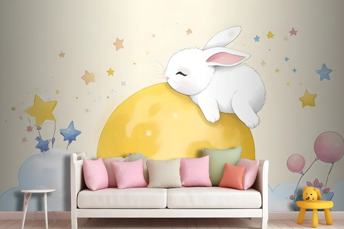 Baby Cartoon Rabbit And Yellow Moon Wallpaper Mural