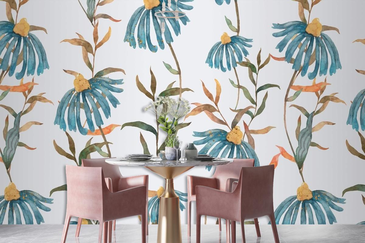 Background Of Floral Pattern With Blue Watercolor Flowers Wallpaper Mural