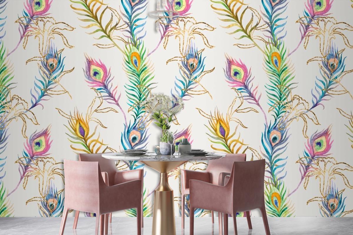 Background Of Peacock Feather Colorful Watercolor Pattern Wallpaper Mural